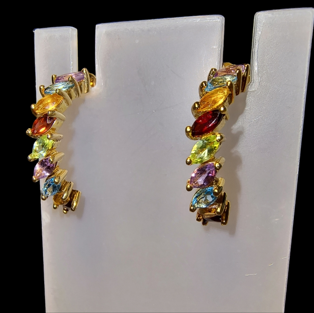 Multi Gemstone & 18K Gold Vermeil Sterling Silver Half Hoop Earrings Brand New